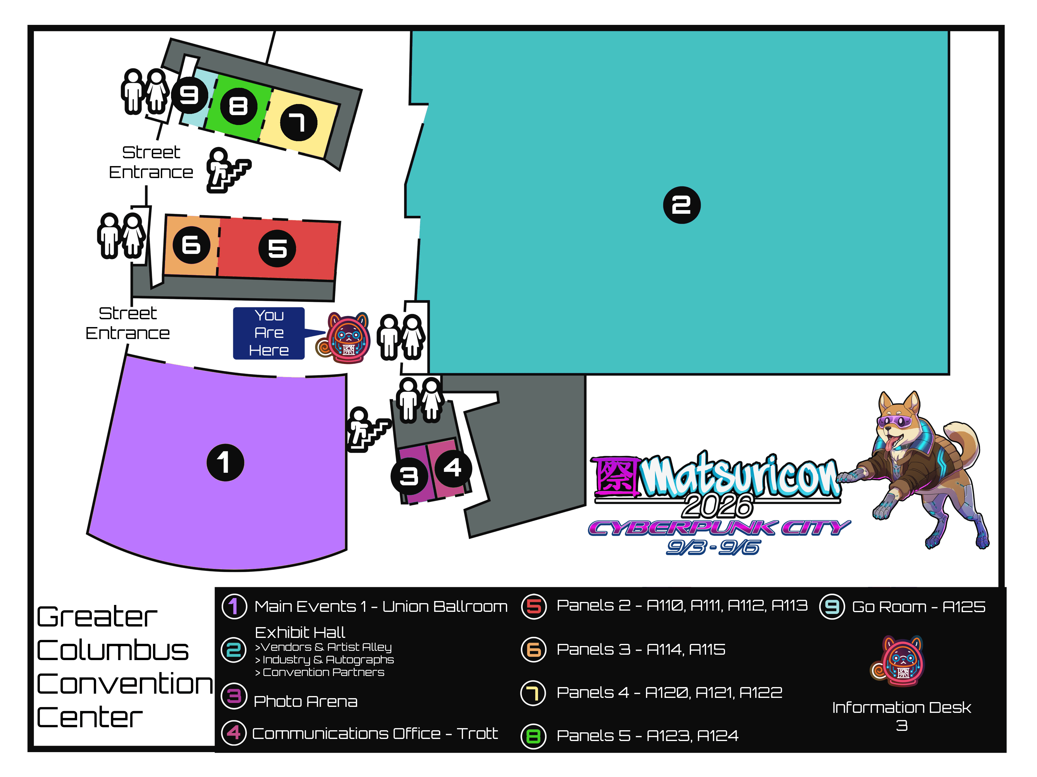 2026 Matsuricon map of the Greater Columbus Convention Center, showing Main Events, the Exhibit Hall, panel and activity rooms, convention services, entrances, stairs, and restrooms.