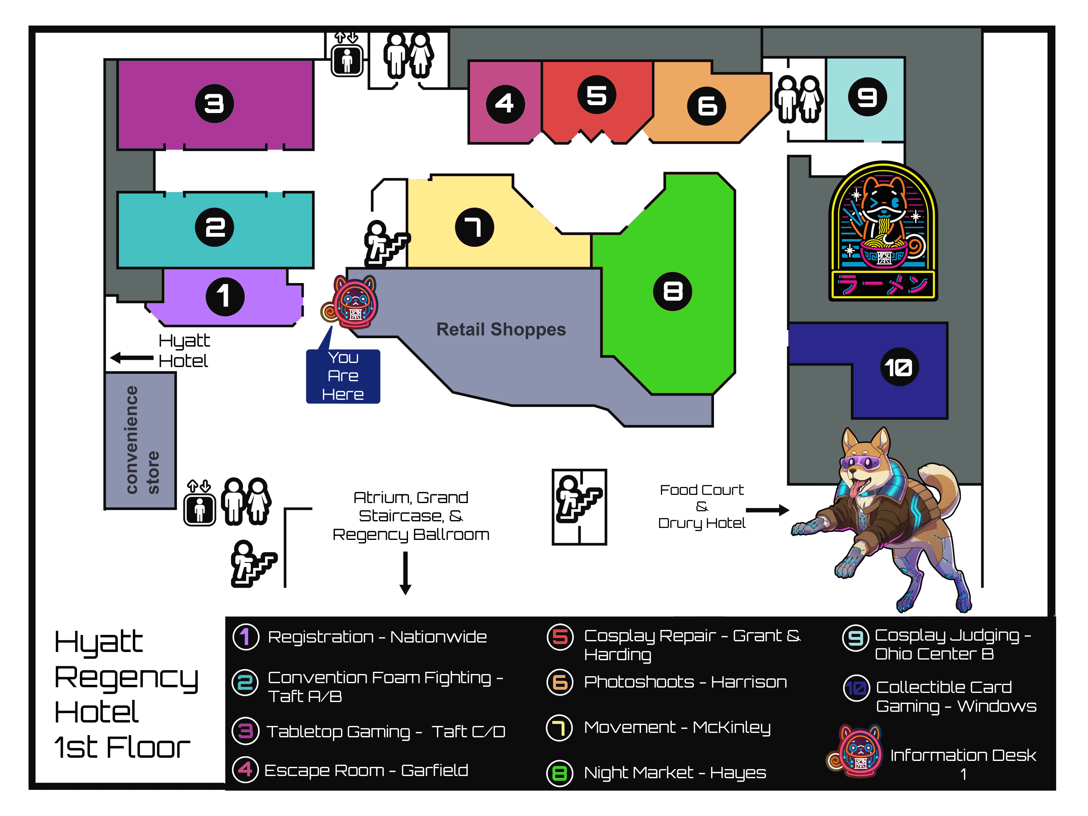 2026 Matsuricon map of the Hyatt Regency first floor, showing registration, gaming and activity rooms, the Night Market, entrances, elevators, stairs, and restrooms.