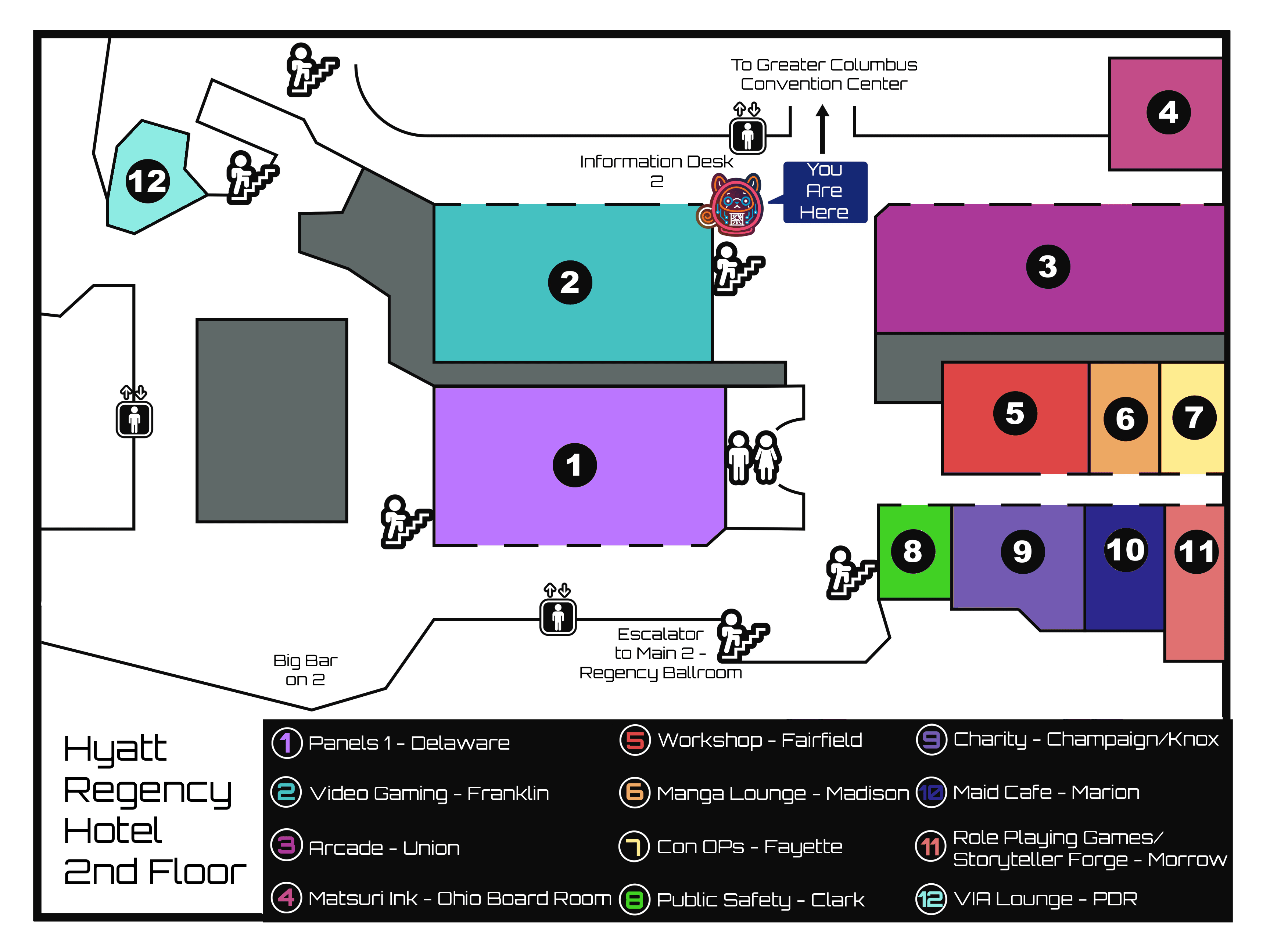 2026 Matsuricon map of Hyatt Regency floor two, showing panels, gaming and activity rooms, convention services, elevators, stairs, and restrooms.