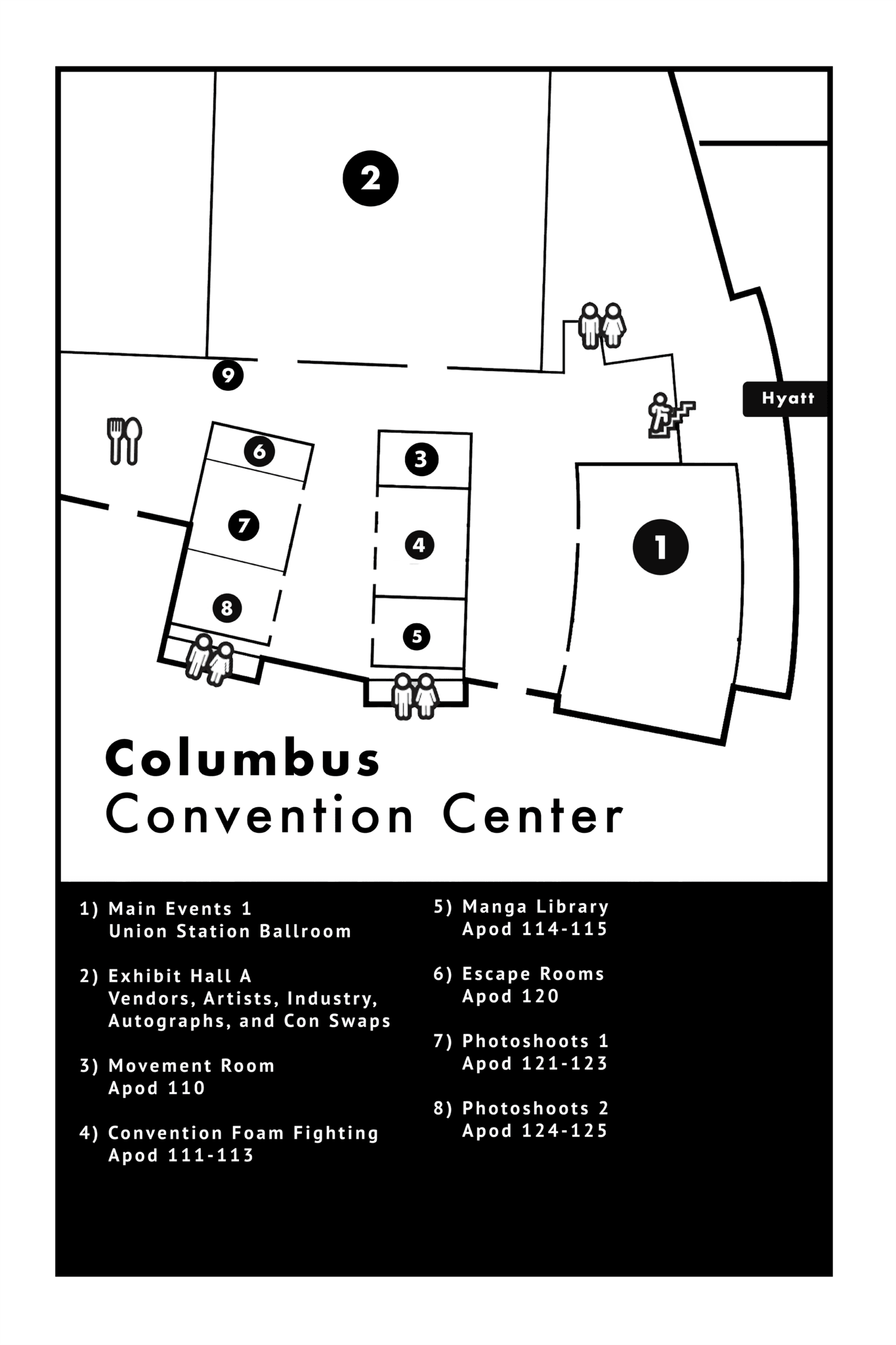 Matsuricon map of the Greater Columbus Convention Center, showing main events, Exhibit Hall A, activity rooms, photoshoot rooms, restrooms, stairs, and the route to the Hyatt.