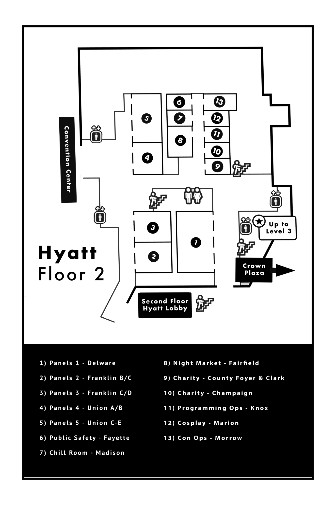 Matsuricon map of Hyatt Regency floor two, showing panel rooms, Night Market, charity, Cosplay, convention operations, elevators, stairs, and restrooms.