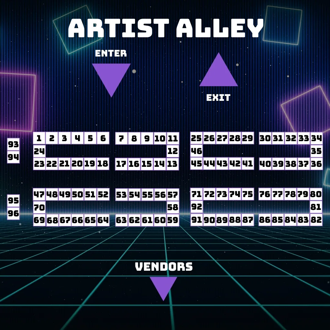 2026 Artist Alley floor map showing tables 1 through 96, entrances, the exit, and the adjacent vendor area.