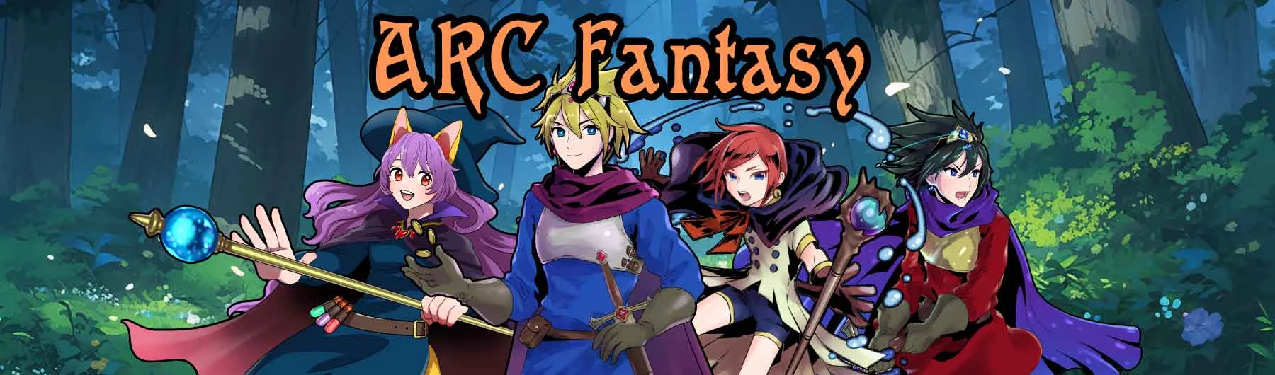 ARC Fantasy banner showing four illustrated adventurers gathered in a forest.