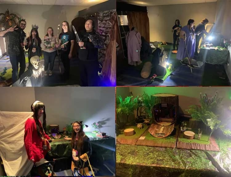 Four photos of players exploring the ARC Fantasy Crypt of the Warlock Fiend adventure room, posing with props, casting spells, and examining a miniature woodland scene.
