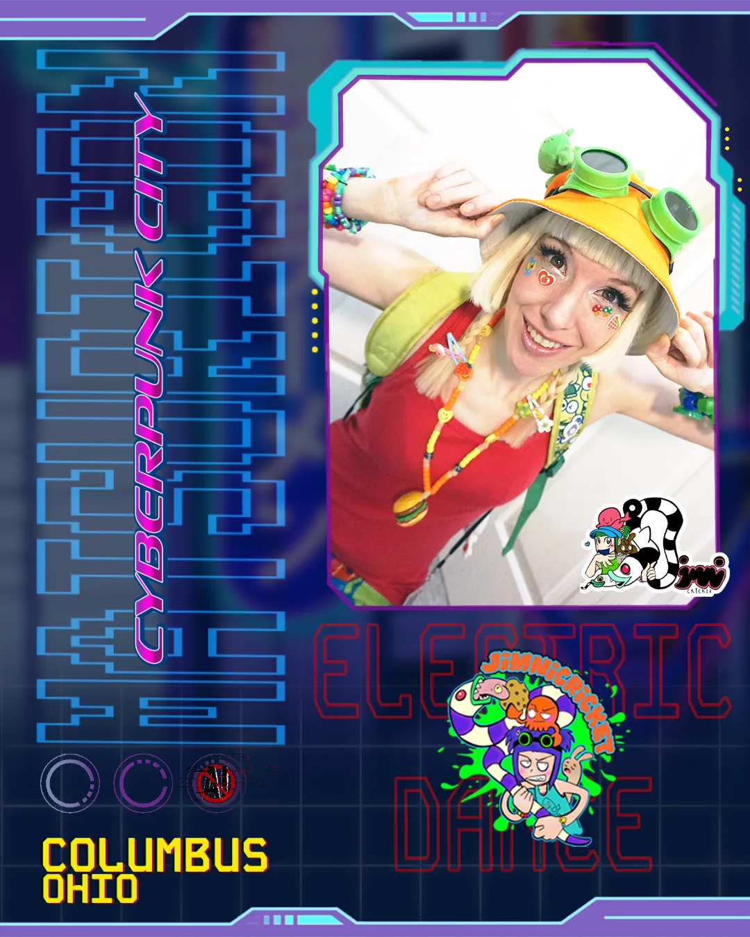 JimniCricket in colorful rave attire in an Electronic Dance Matsuri artist poster.