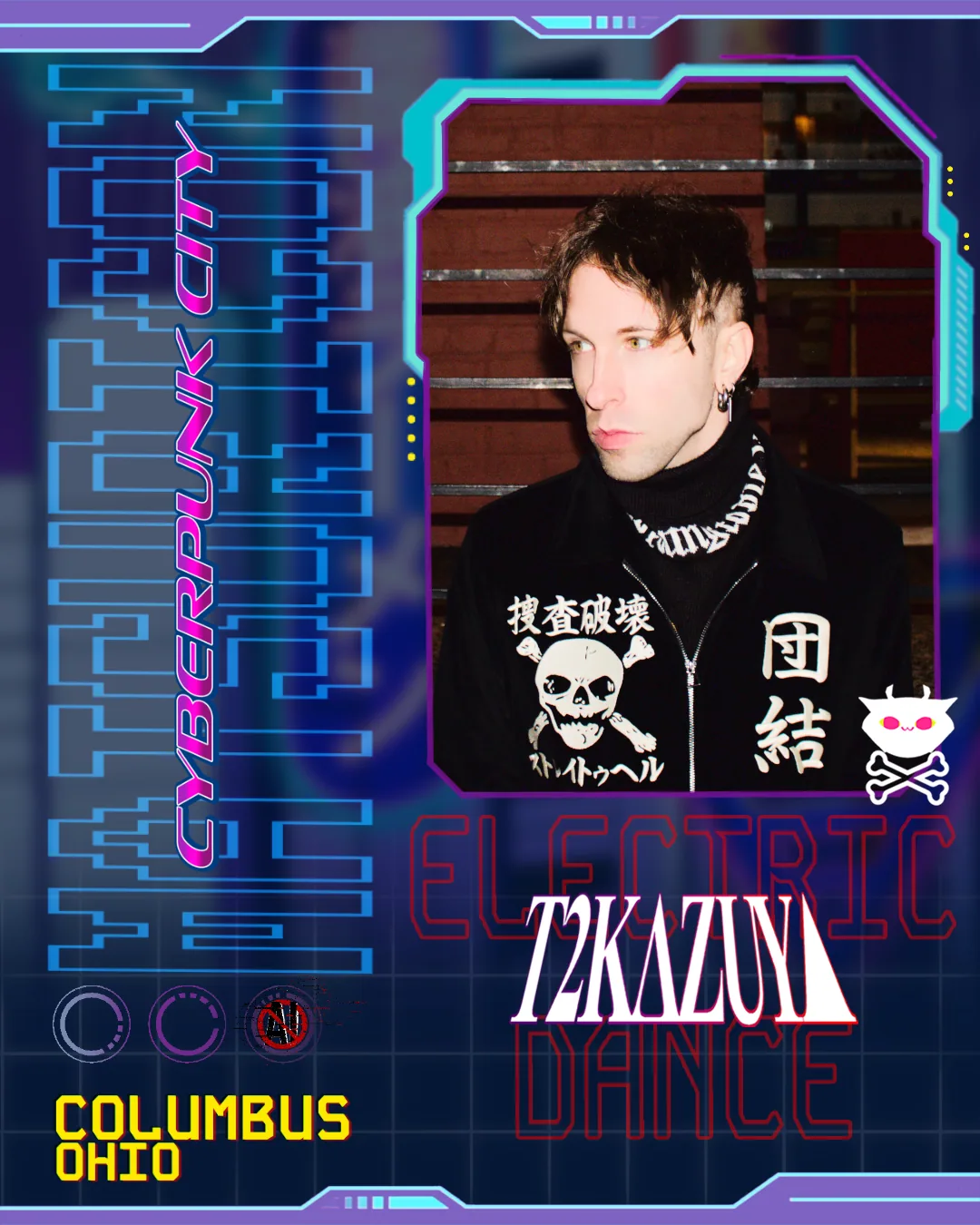 T2Kazuya wearing a black jacket in an Electronic Dance Matsuri artist poster.