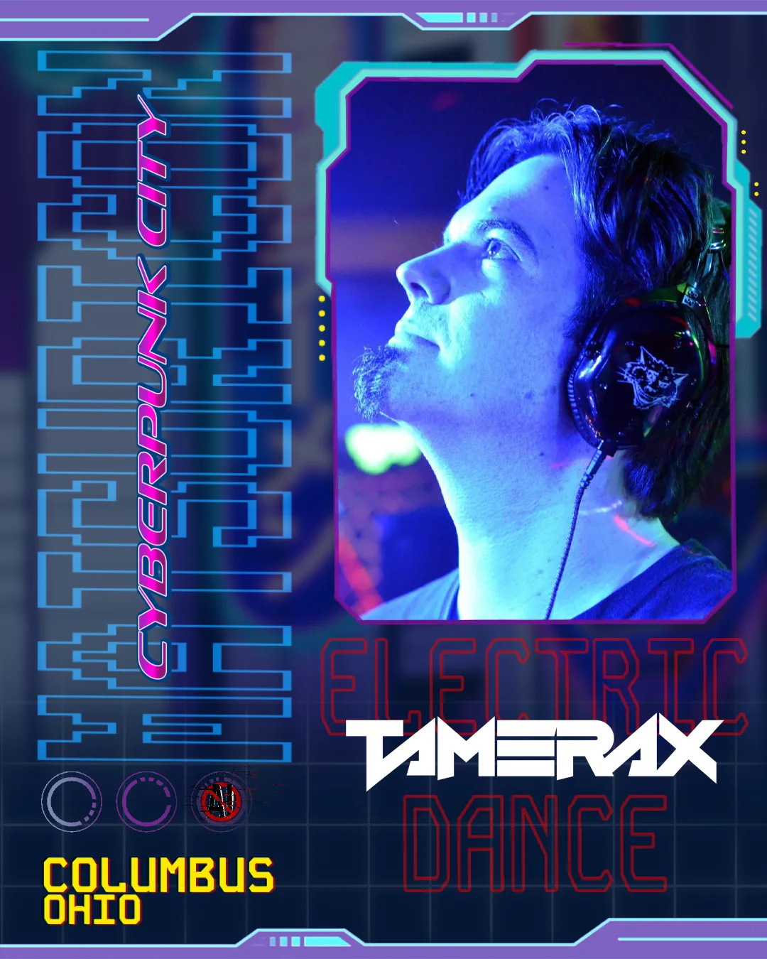 Tamerax wearing headphones in an Electronic Dance Matsuri artist poster.